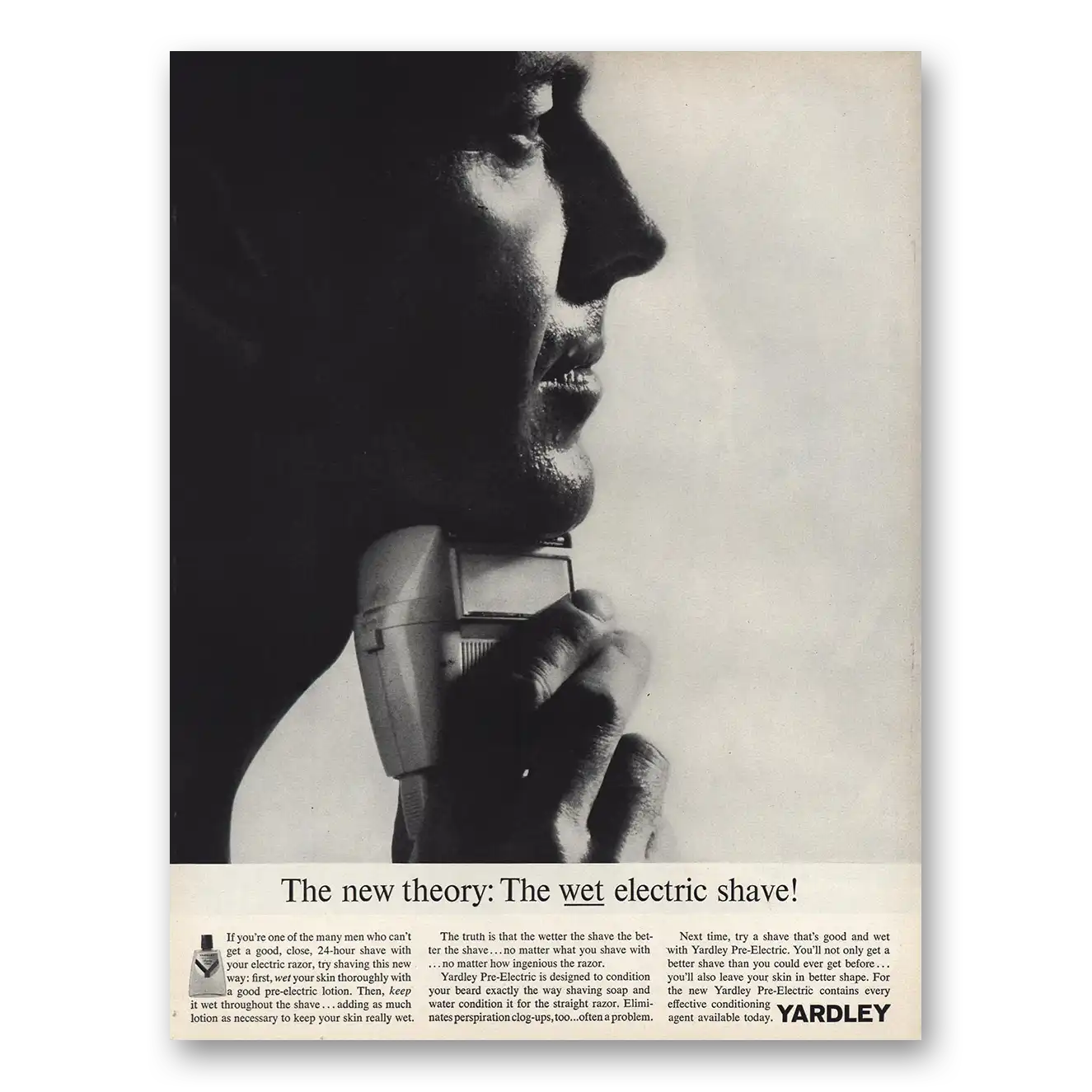 1961 Yardley Pre Electric New Theory Wet Electric Shave Vintage Magazine Print Ad