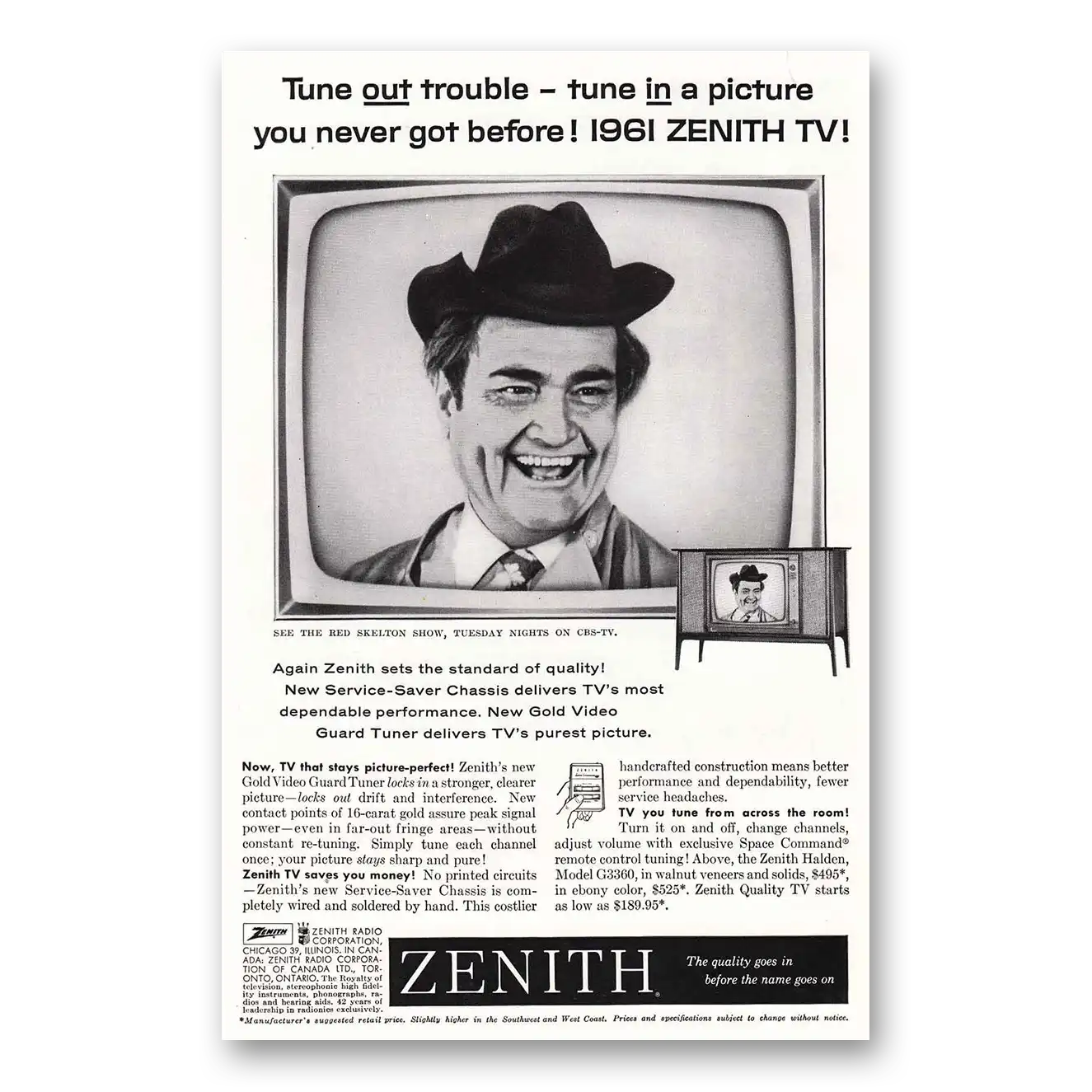 1961 Zenith Television Red Skelton Vintage Magazine Print Ad