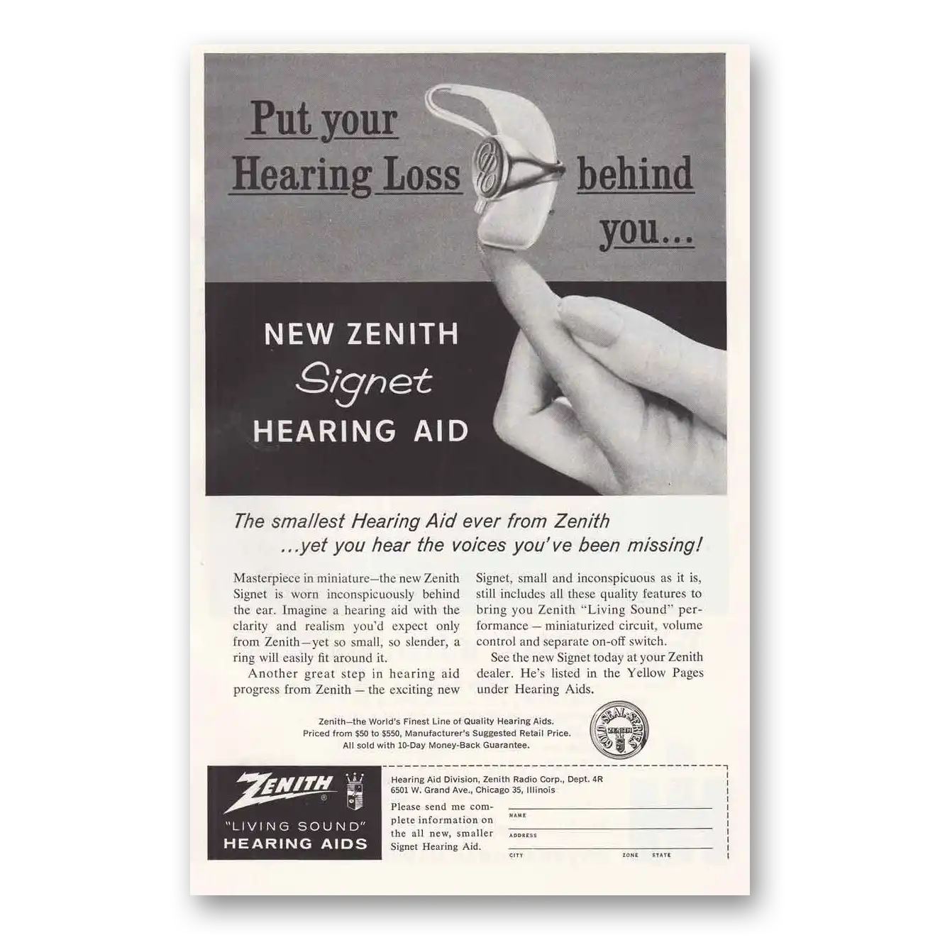 1961 Zenith Signet Hearing Aid Put Your Hearing Loss Behind You Vintage Magazine Print Ad