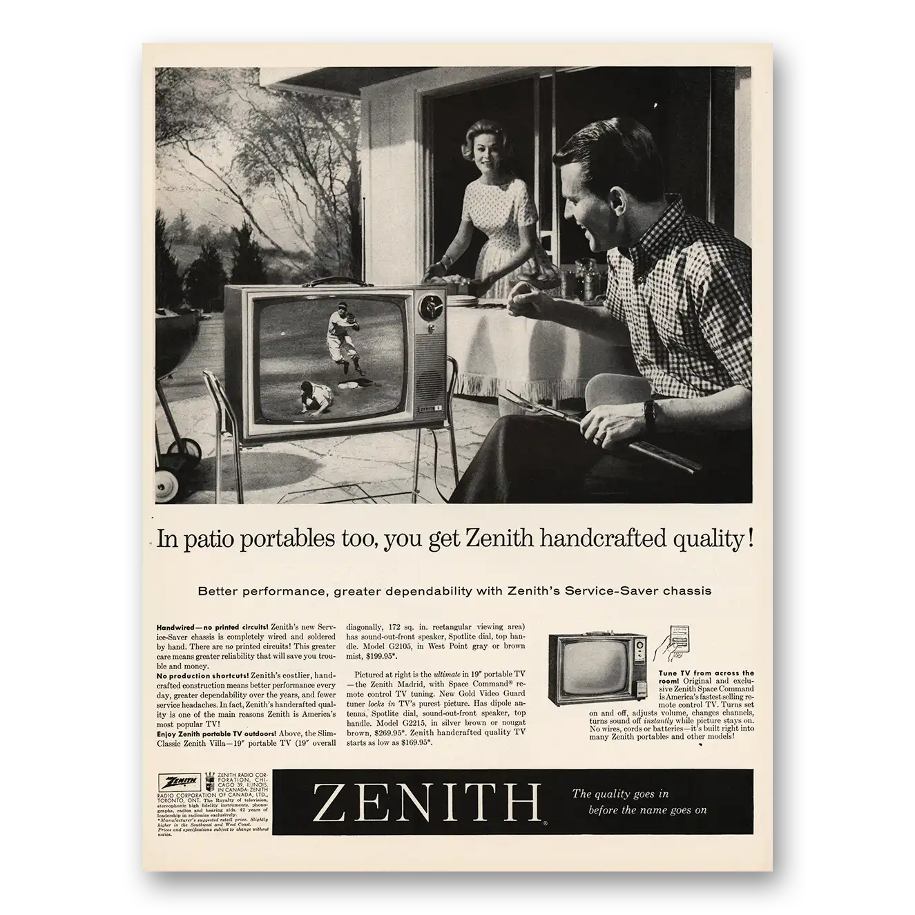 1961 Zenith Television Patio Portables Vintage Magazine Print Ad