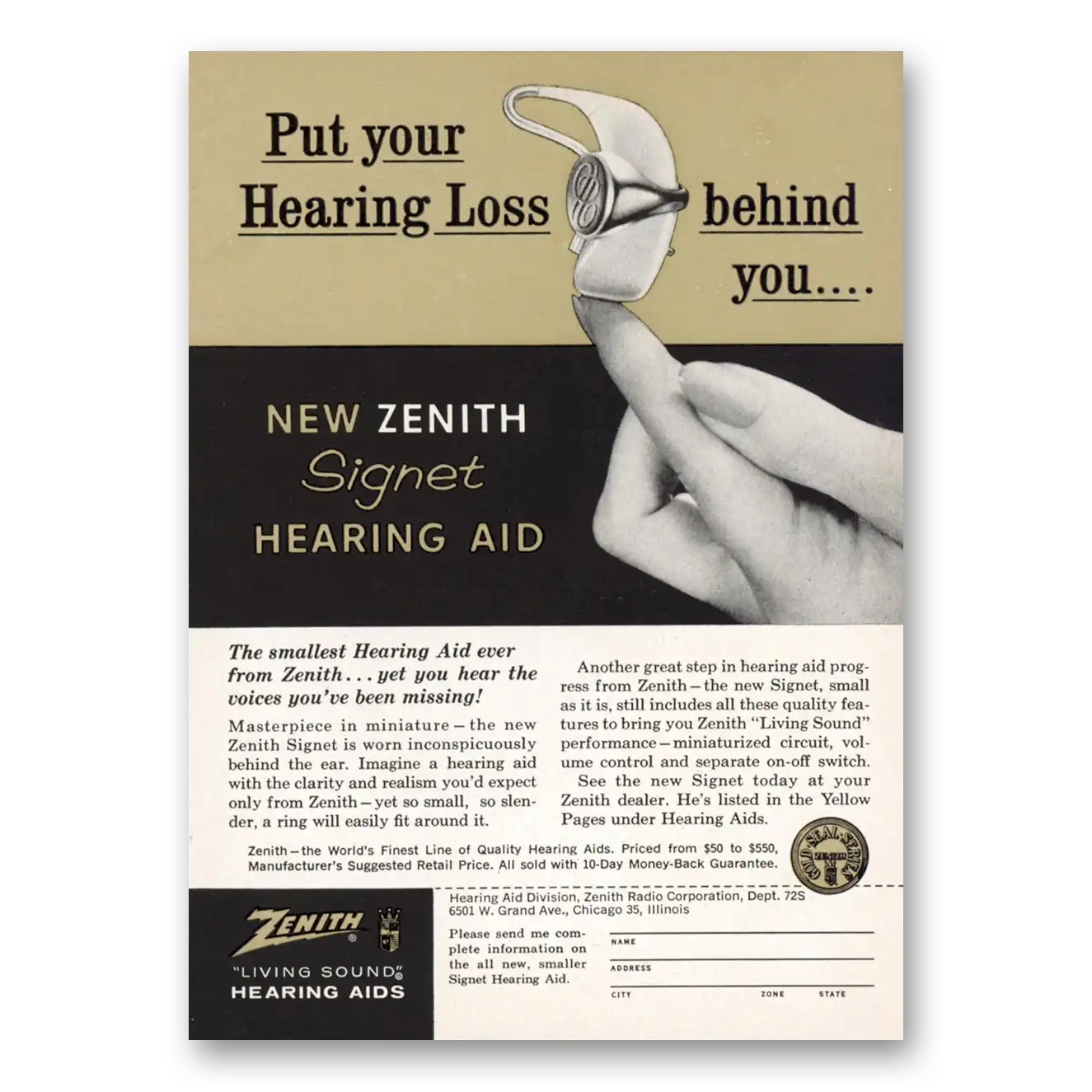 1961 Zenith Signet Hearing Aid Loss Behind You Vintage Magazine Print Ad