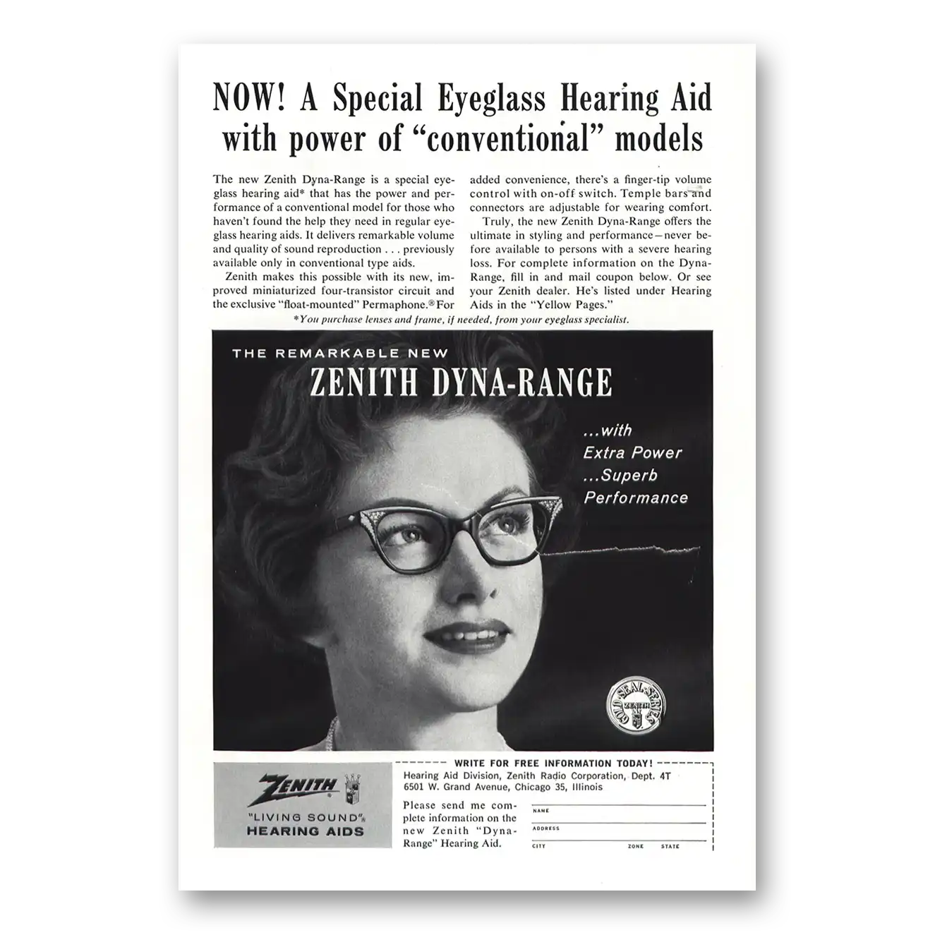 1961 Zenith Hearing Aid Dyna Range Eyeglass Hearing Aid Power of Conventional Models Vintage Magazine Print Ad