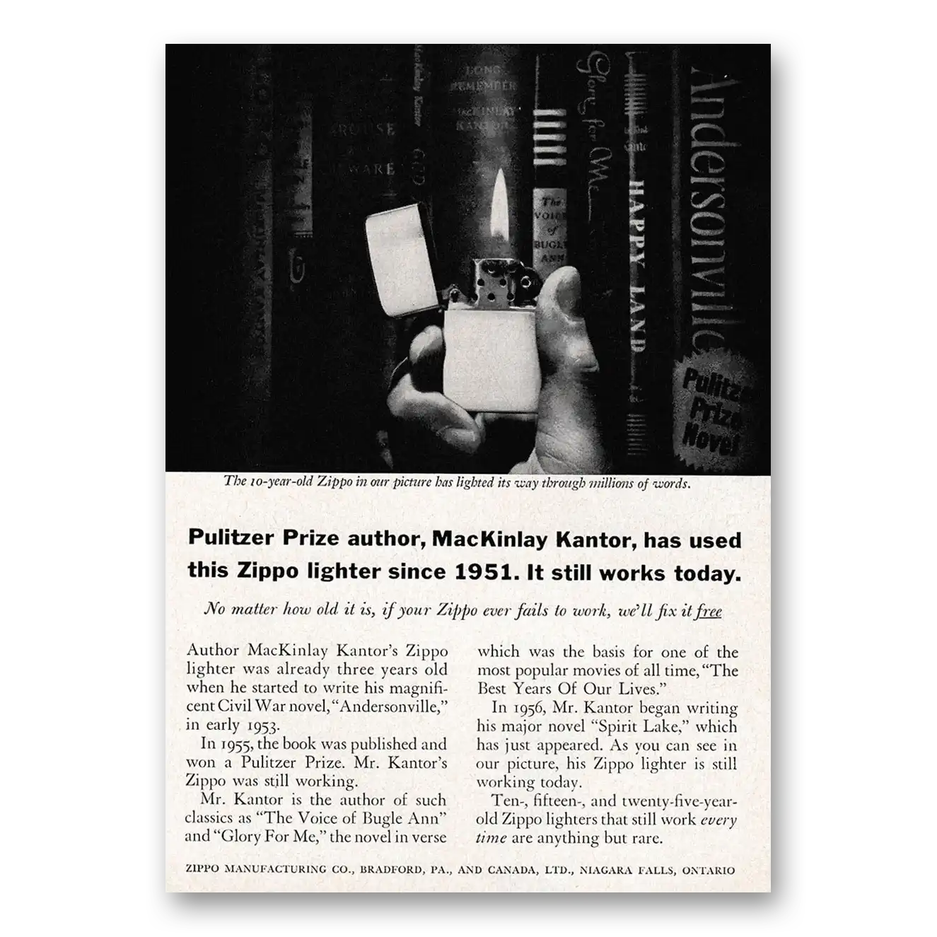 1961 Zippo Lighter Pulitzer Prize Author MacKinlay Kantor Vintage Magazine Print Ad