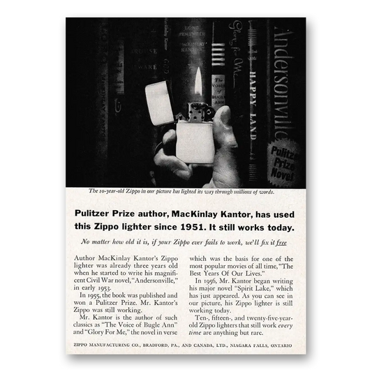 1961 Zippo Lighter Pulitzer Prize Author MacKinlay Kantor Vintage Magazine Print Ad