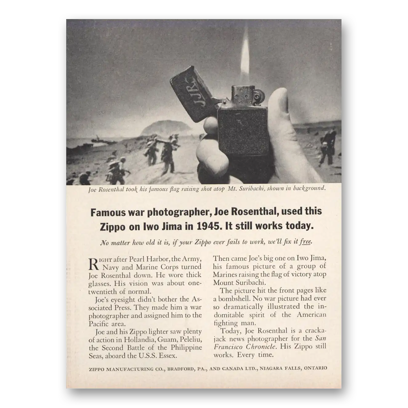 1961 Zippo Lighter Joe Rosenthal Famous War Photographer Iwo Jima Vintage Magazine Print Ad