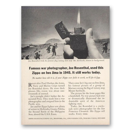 1961 Zippo Lighter Joe Rosenthal Famous War Photographer Iwo Jima Vintage Magazine Print Ad