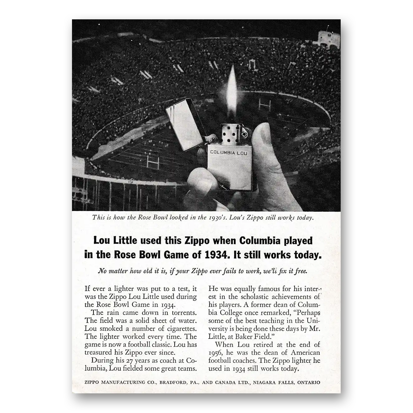 1961 Zippo Lighter Lou Little Columbia Played Rose Bowl Vintage Magazine Print Ad