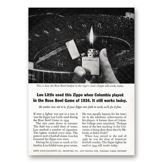 1961 Zippo Lighter Lou Little Columbia Played Rose Bowl Vintage Magazine Print Ad