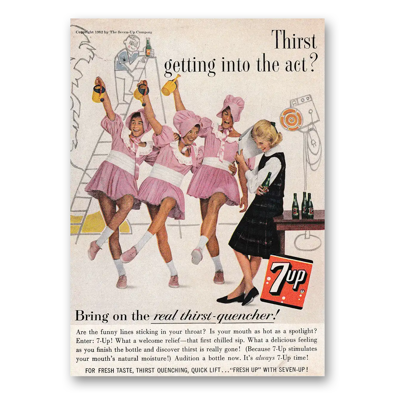 1962 7Up Thirst Getting Into the Act Vintage Magazine Print Ad