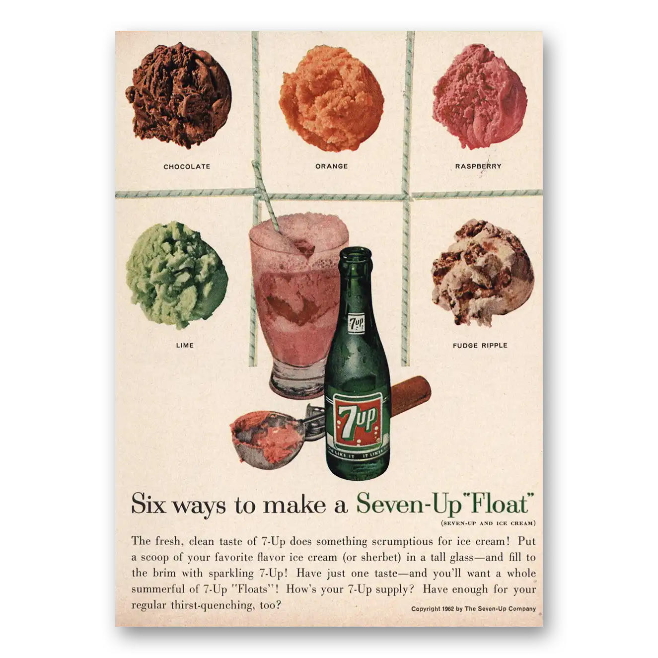 1962 7Up Six Ways Make Seven Up Float Vintage Magazine Print Ad