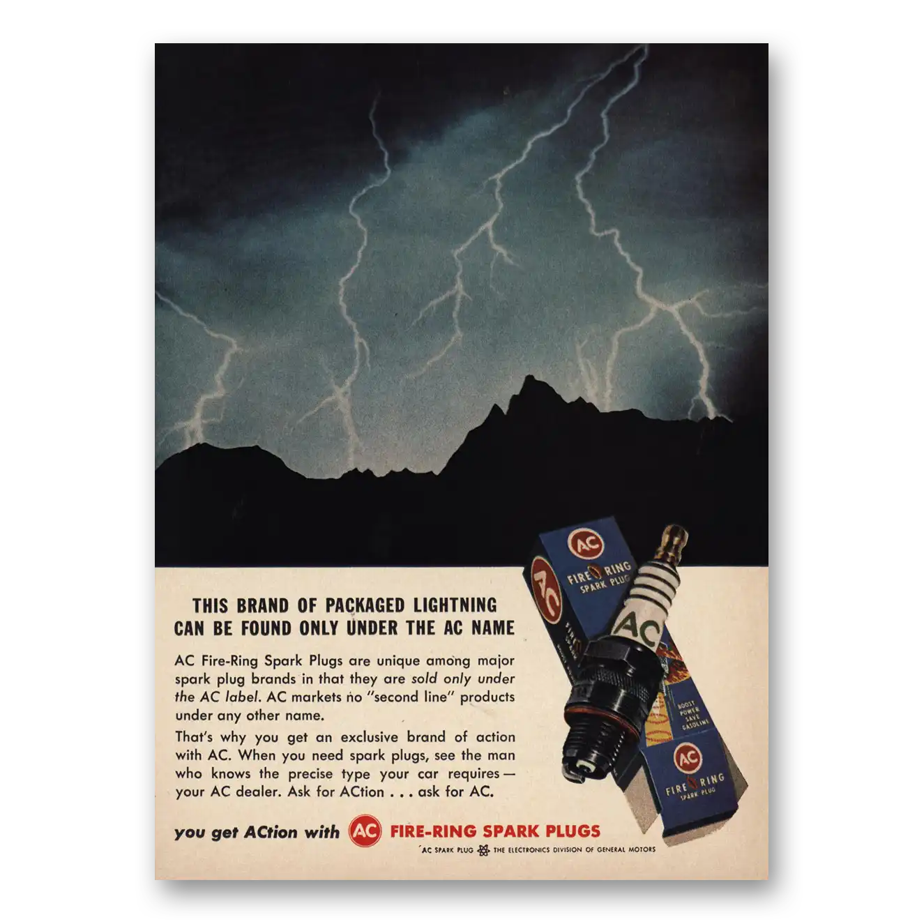 1962 AC Spark Plugs Packaged Lightning Vintage Magazine Print Ad