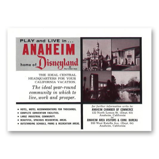 1962 Anaheim California Home of Disneyland Vintage Magazine Print Ad