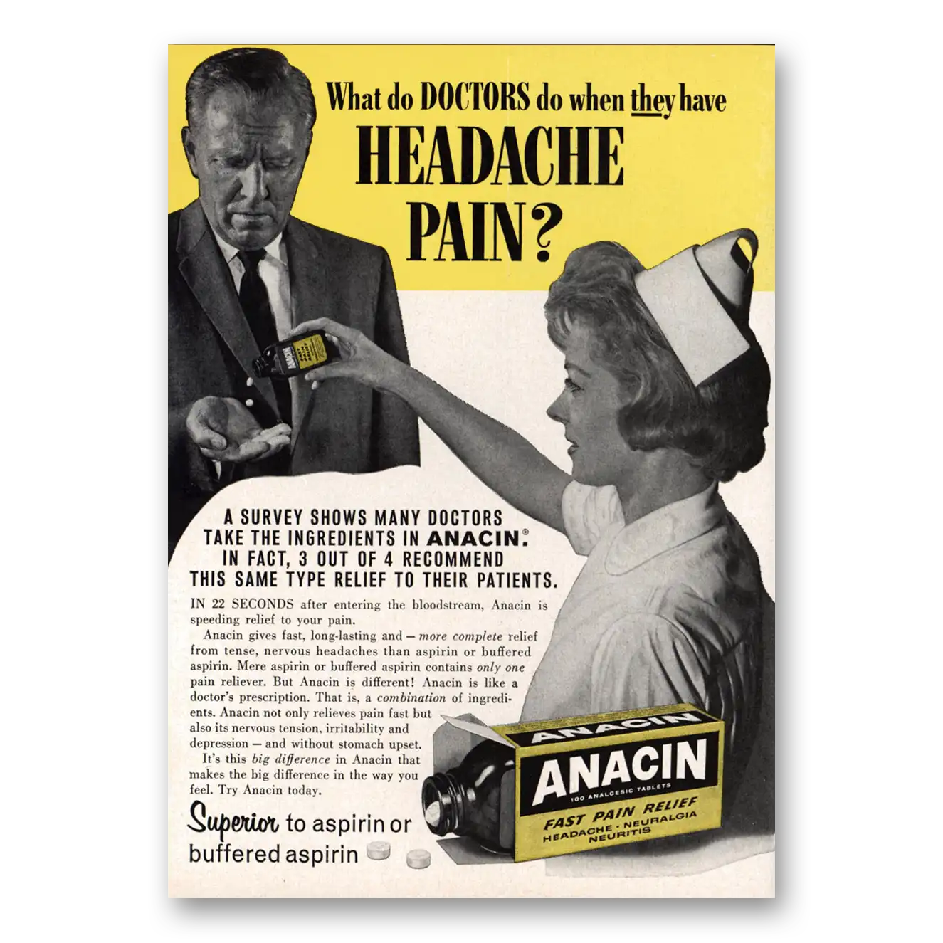 1962 Anacin What Do Doctors Do When They Have Headache Pain Vintage Magazine Print Ad