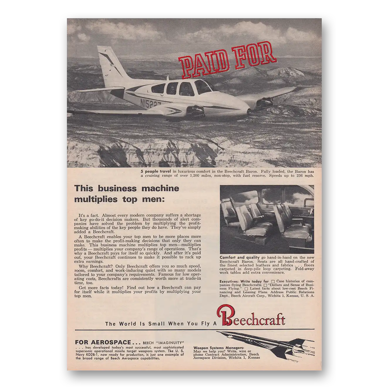 1962 Beechcraft Baron This Business Machine Multiplies Top Men Vintage Magazine Print Ad