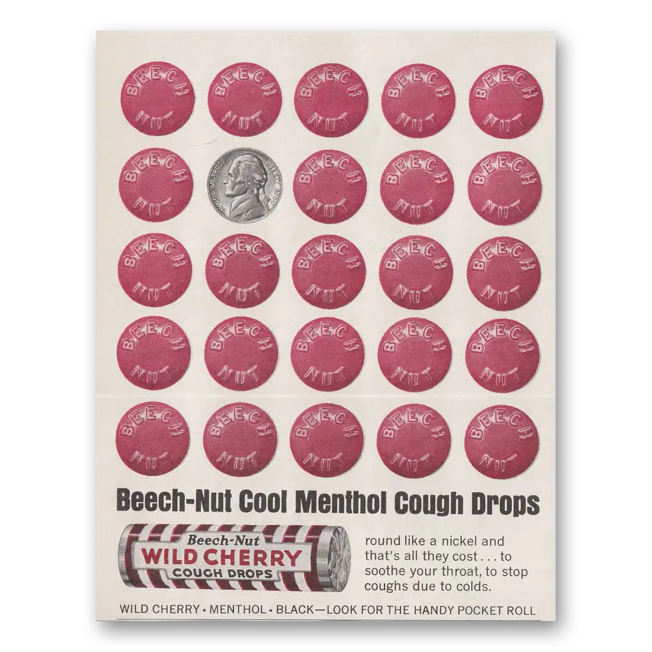 1962 Beech Nut Gum Wild Cherry Menthol Cough Drops Vintage Magazine Print Ad