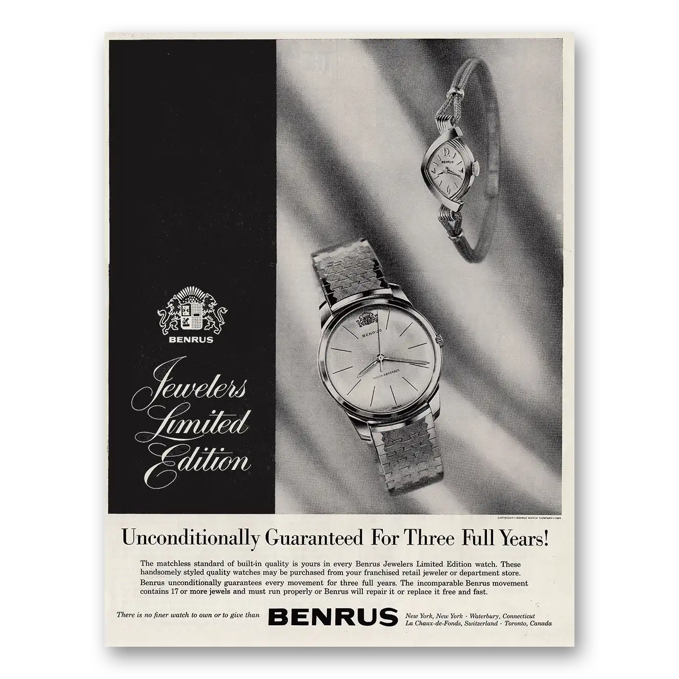 1962 Benrus Watches Unconditionally Guaranteed Vintage Magazine Print Ad