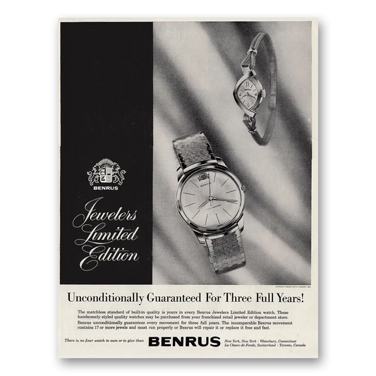 1962 Benrus Watches Unconditionally Guaranteed Vintage Magazine Print Ad