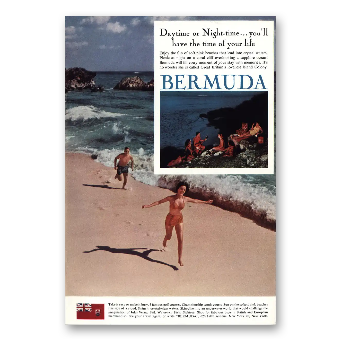 1962 Bermuda Swimming or Sightseeing Vintage Magazine Print Ad