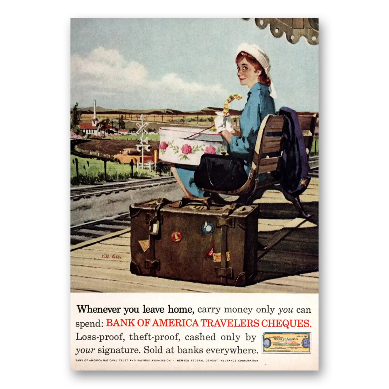 1962 Bank of America Travelers Cheques Train Stop Whenever You Leave Home Vintage Magazine Print Ad