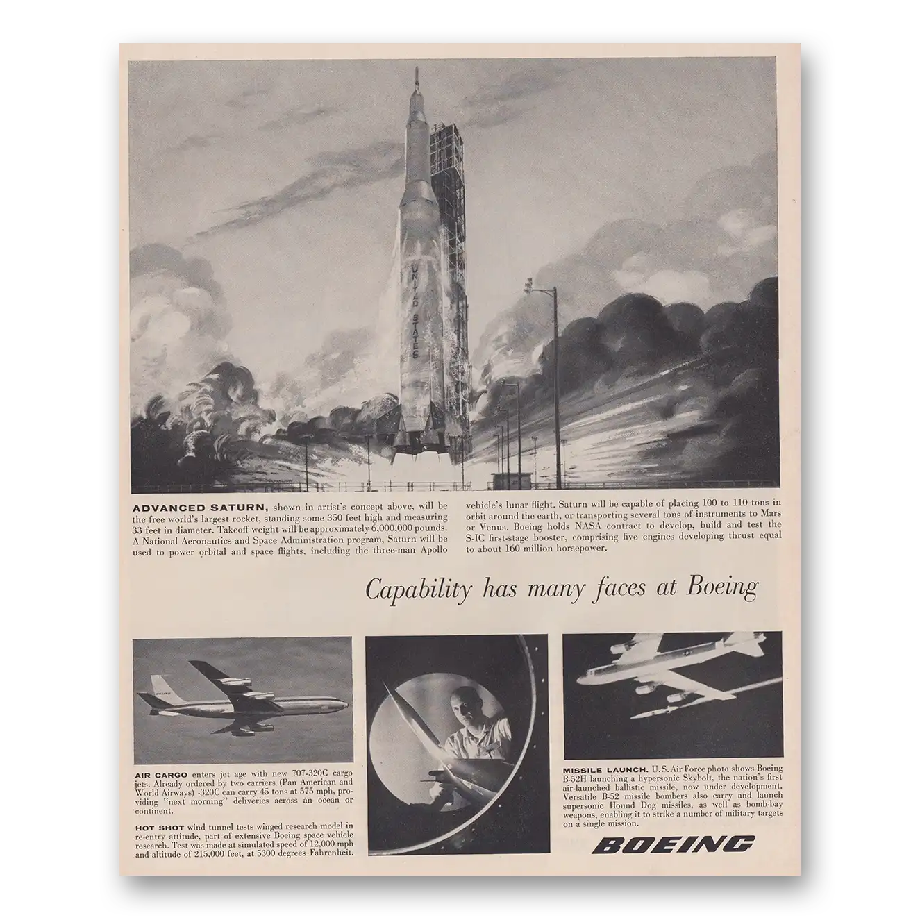 1962 Boeing Capability Has Many Faces Advanced Saturn Vintage Magazine Print Ad