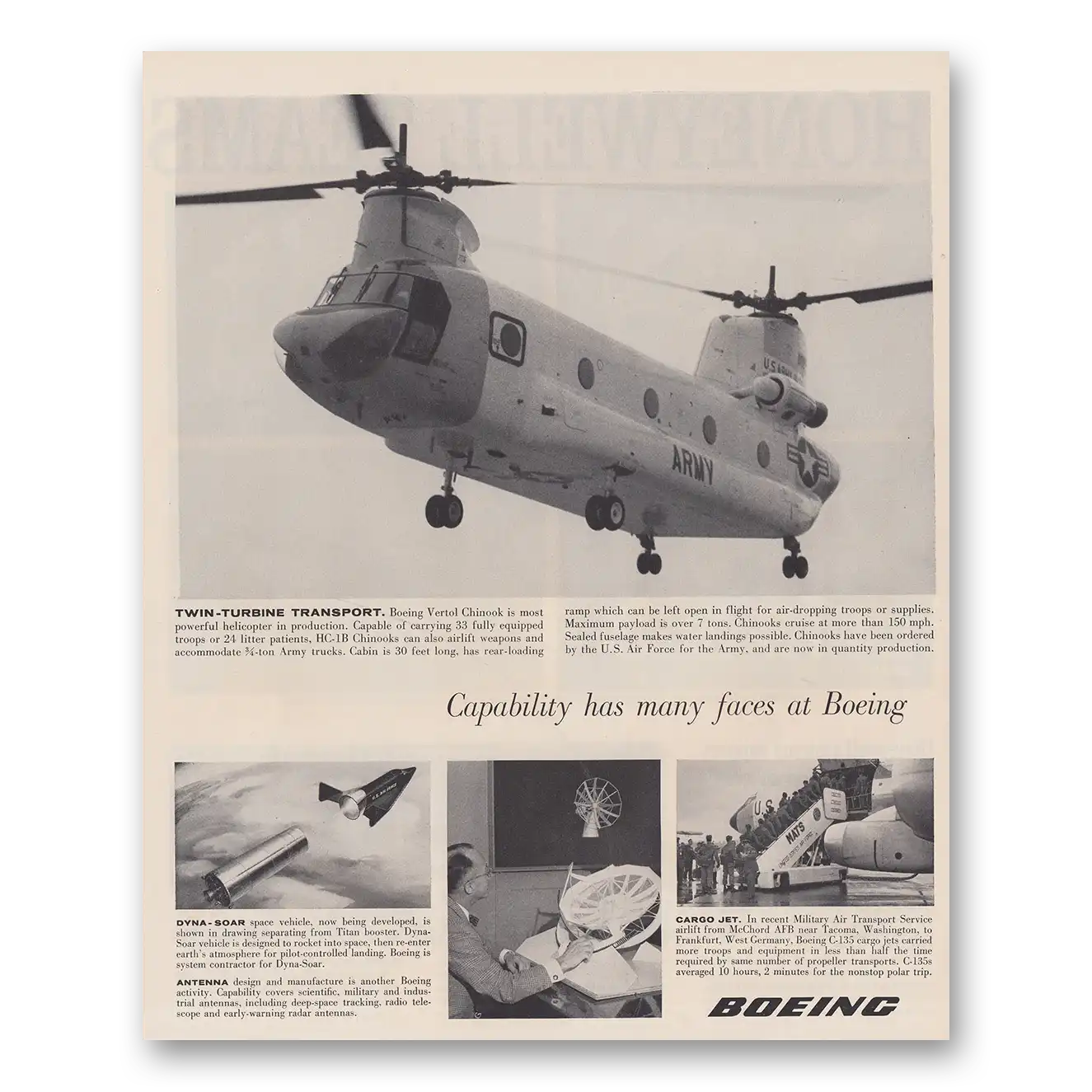 1962 Boeing Helicopter Capability Has Many Faces Twin Turbine Transport Vintage Magazine Print Ad