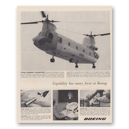 1962 Boeing Helicopter Capability Has Many Faces Twin Turbine Transport Vintage Magazine Print Ad