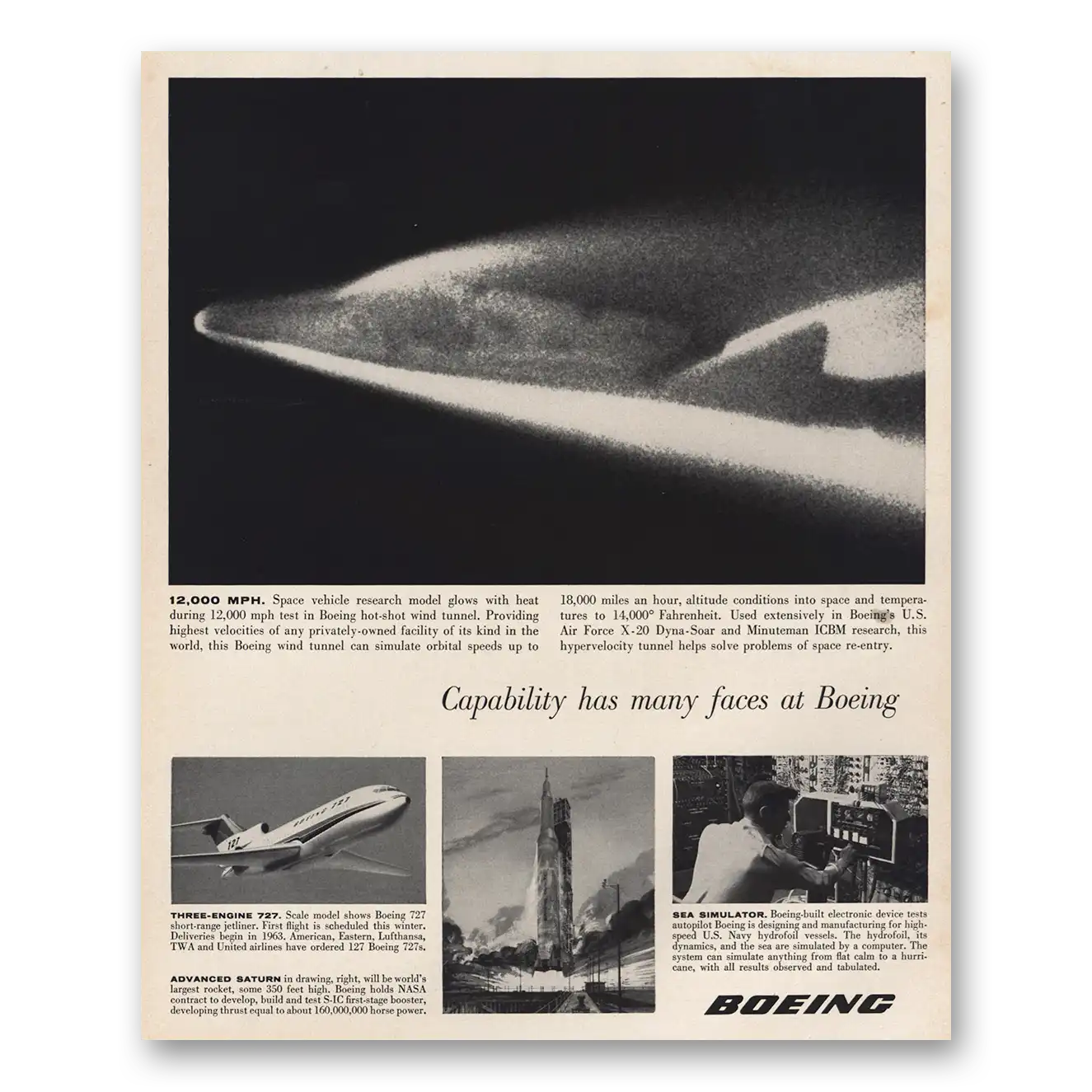 1962 Boeing Space Vehicle Research Model Glows Vintage Magazine Print Ad