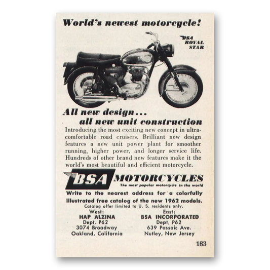 1962 BSA Motorcycles Worlds Newest Motorcycle Vintage Magazine Print Ad