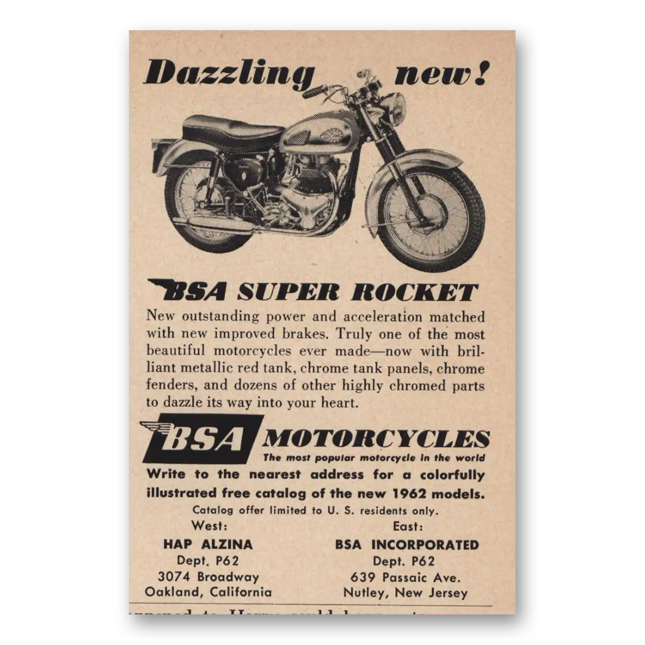 1962 BSA Motorcycles Dazzling New Super Rocket Vintage Magazine Print Ad