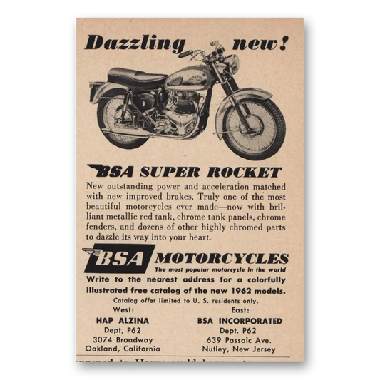 1962 BSA Motorcycles Dazzling New Super Rocket Vintage Magazine Print Ad