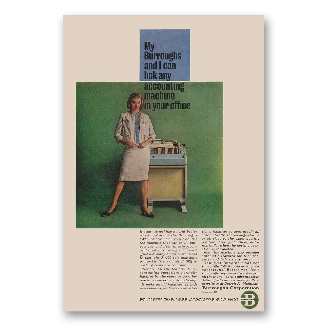 1962 Burroughs Accounting Machine My Burroughs and I Can Lick Any Accounting Vintage Magazine Print Ad