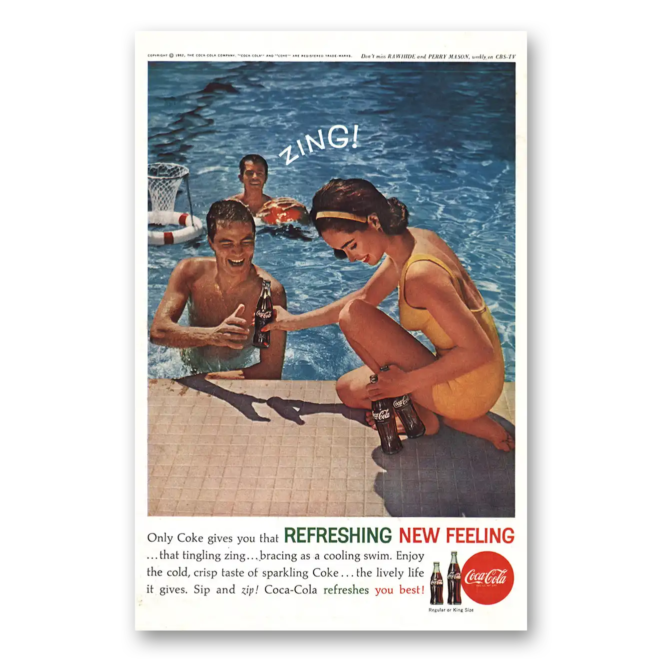 1962 Coca Cola Zing Bracing as Cooling Swim Vintage Magazine Print Ad