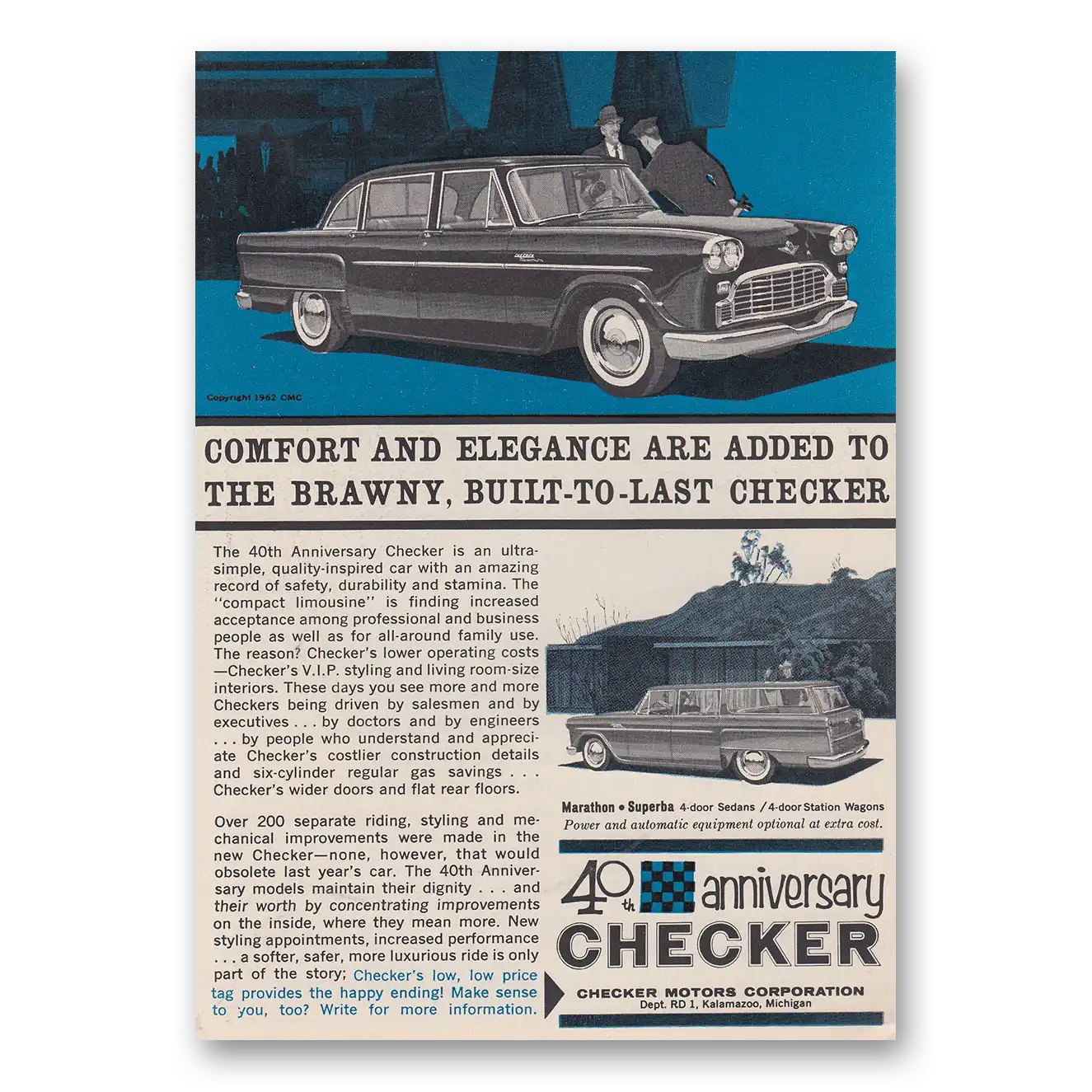 1962 Checker Motors 40th Anniversary Comfort and Elegance Vintage Magazine Print Ad