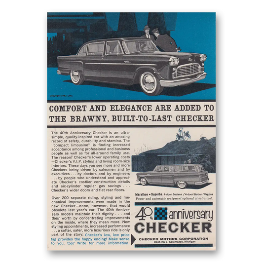 1962 Checker Motors 40th Anniversary Comfort and Elegance Vintage Magazine Print Ad