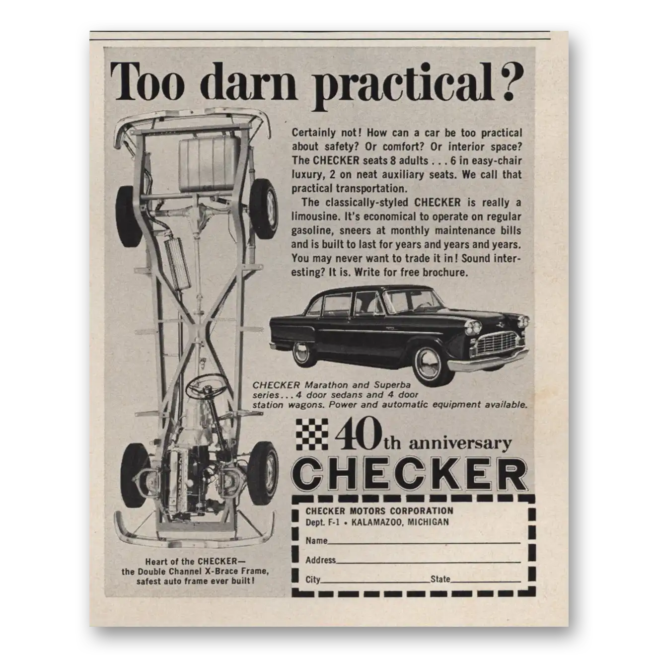 1962 Checker Motors Too Darn Practical 40th Anniversary Vintage Magazine Print Ad