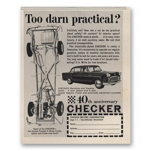 1962 Checker Motors Too Darn Practical 40th Anniversary Vintage Magazine Print Ad