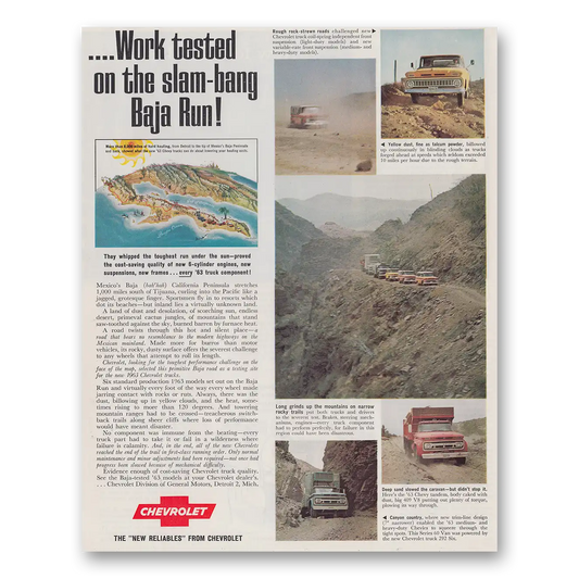 1962 Chevrolet Trucks Work Tested On the Slam Bang Baja Run Vintage Magazine Print Ad