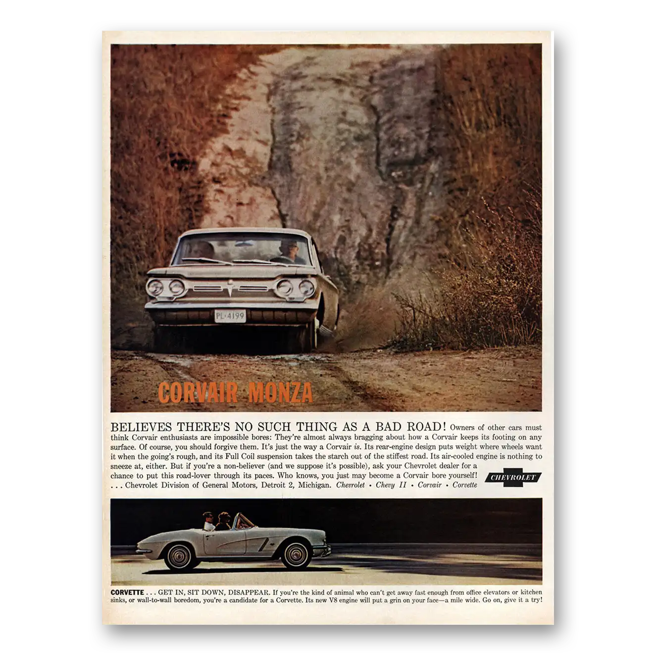 1962 Chevrolet Corvair No Such Thing As a Bad Road Vintage Magazine Print Ad