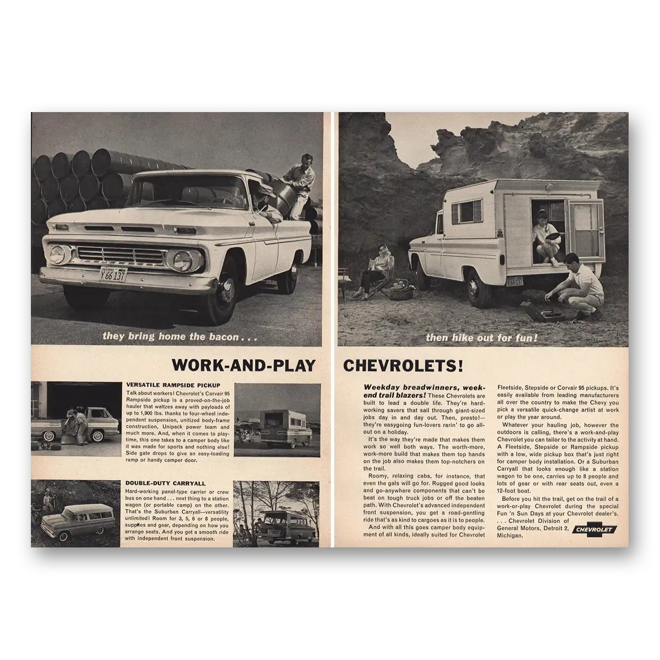 1962 Chevrolet Work and Play Bring Home Bacon Vintage Magazine Print Ad