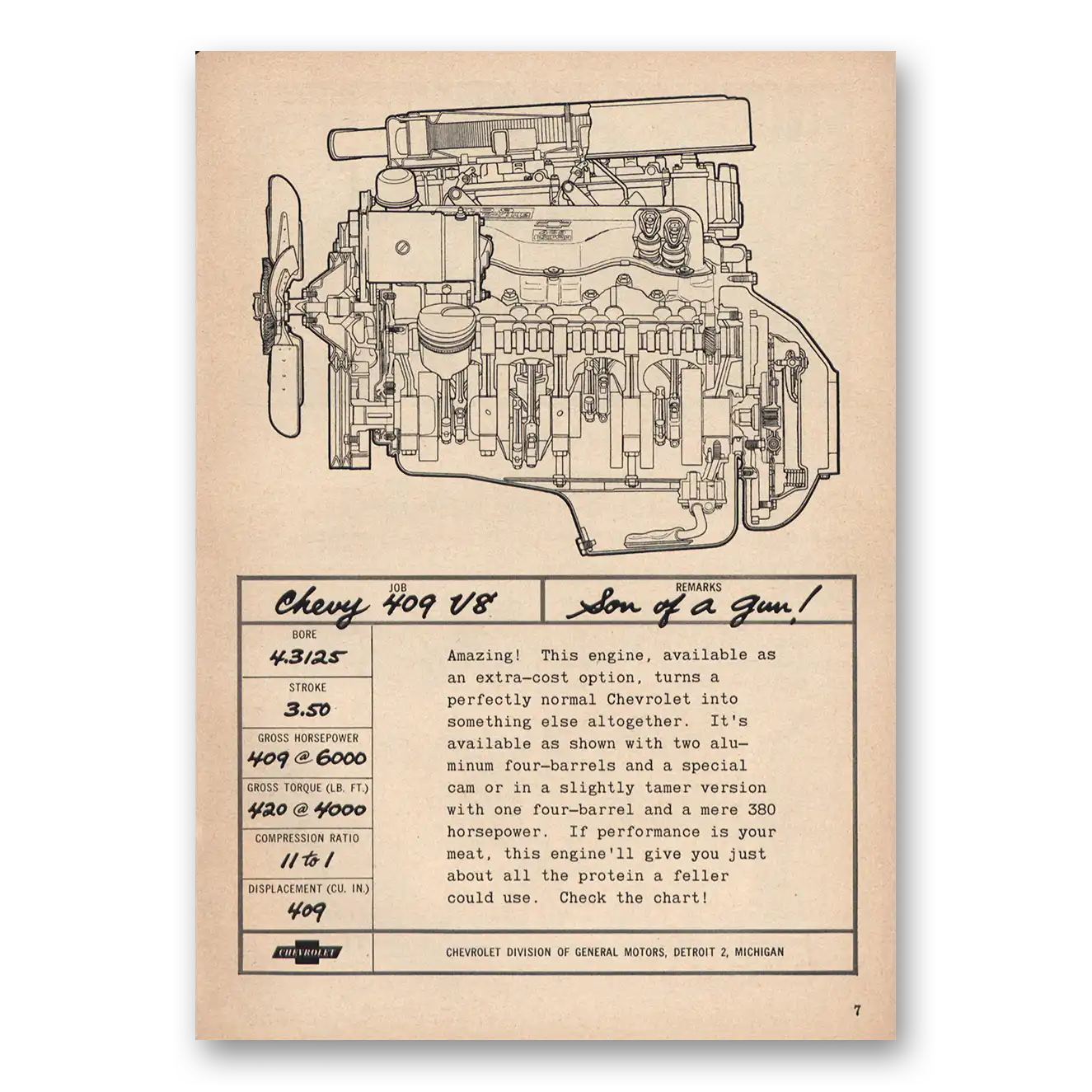 1962 Chevrolet 409 V8 Son Of a Gun Vintage Magazine Print Ad