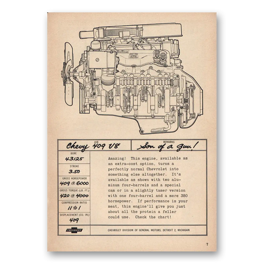 1962 Chevrolet 409 V8 Son Of a Gun Vintage Magazine Print Ad