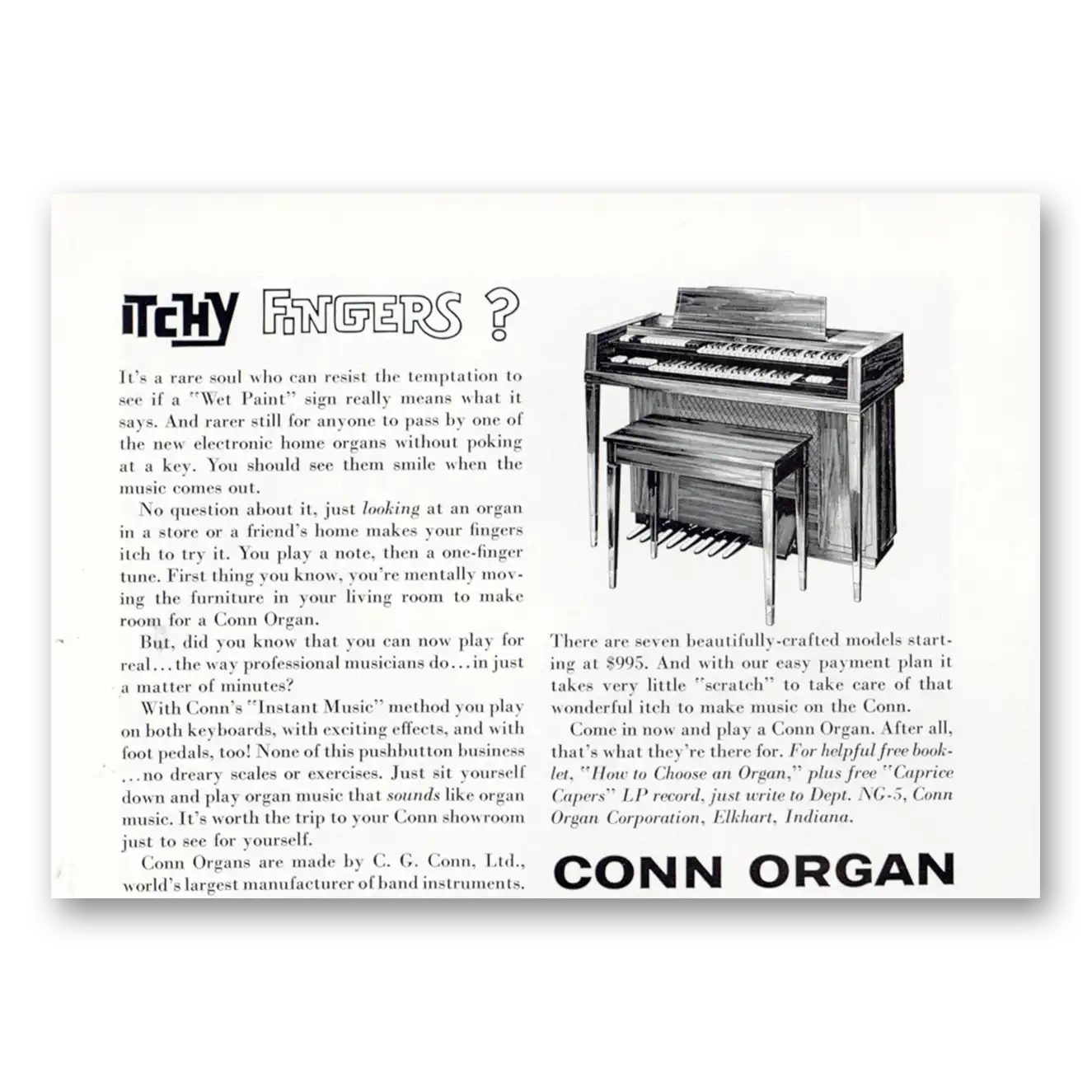 1962 Conn Organ Itchy Fingers Vintage Magazine Print Ad