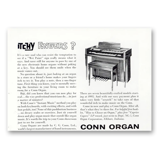 1962 Conn Organ Itchy Fingers Vintage Magazine Print Ad