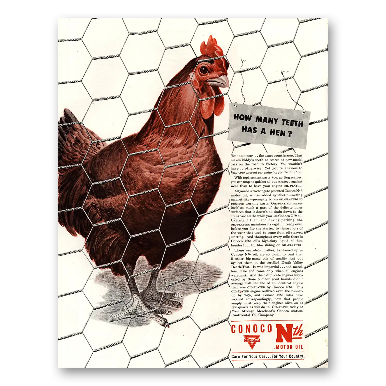 1962 Conoco How Many Teeth Has a Hen Vintage Magazine Print Ad