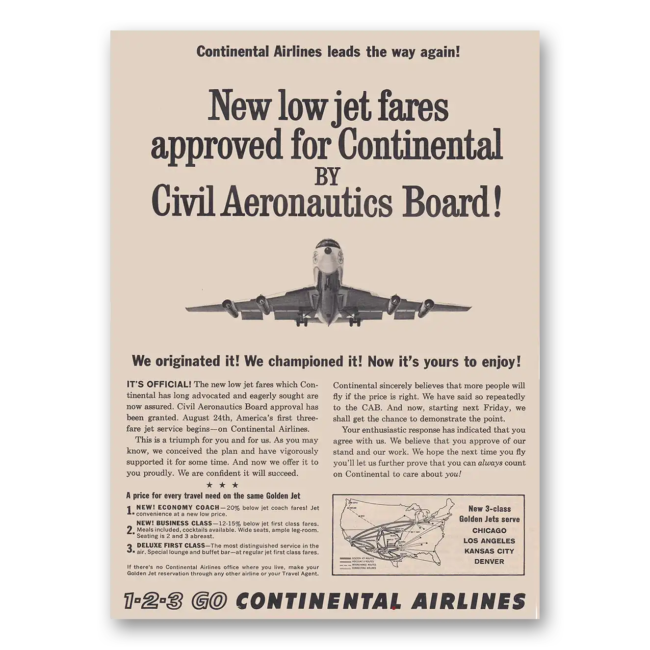 1962 Continental Airlines Civil Aeronautics Board Vintage Magazine Print Ad