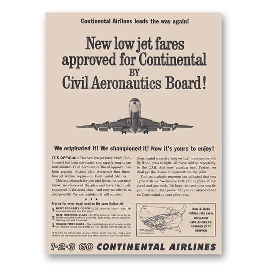 1962 Continental Airlines Civil Aeronautics Board Vintage Magazine Print Ad