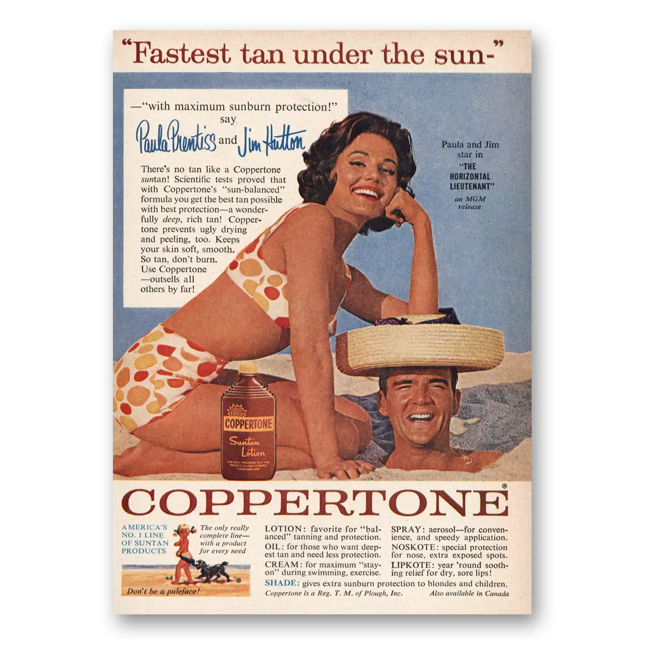 1962 Coppertone Paula Prentiss and Jim Hutton Vintage Magazine Print Ad