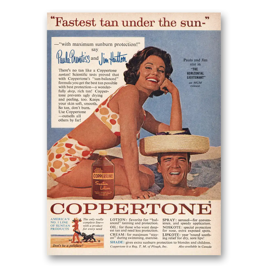 1962 Coppertone Paula Prentiss and Jim Hutton Vintage Magazine Print Ad