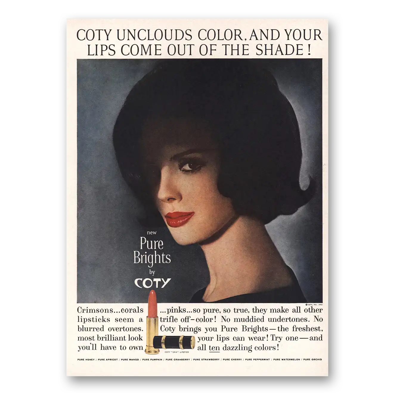 1962 Coty Cosmetics Pure Brights Unclouds Color and Your Lips Vintage Magazine Print Ad