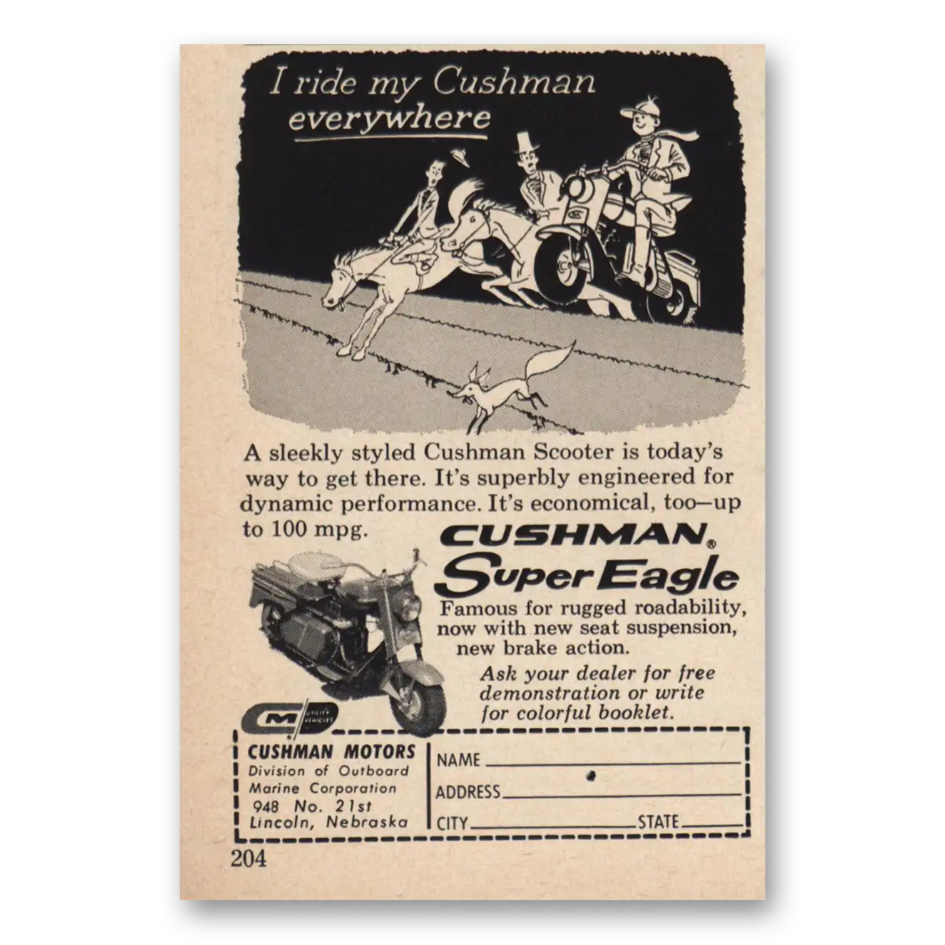 1962 Cushman Eagle I Ride My Cushman Everywhere Vintage Magazine Print Ad